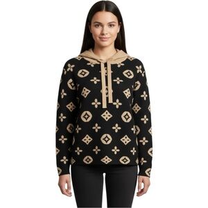 Black & Beige Designer 100% Cashmere Knit Hoodie Sweater